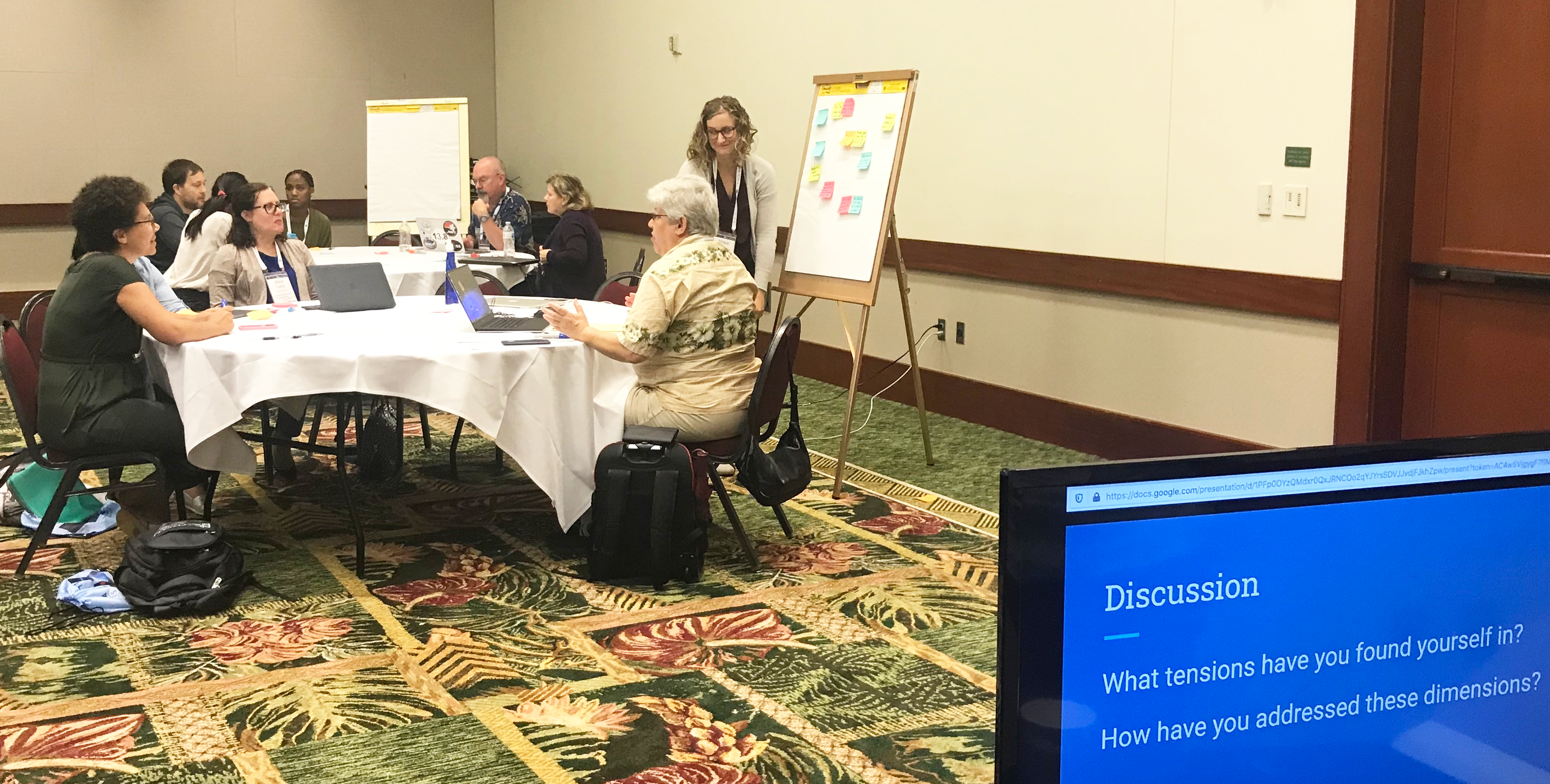 Teaching for Equity workshop participants at the AAS winter 2020 meeting in Honolulu, Hawai’i discussing the two Gutiérrez articles.