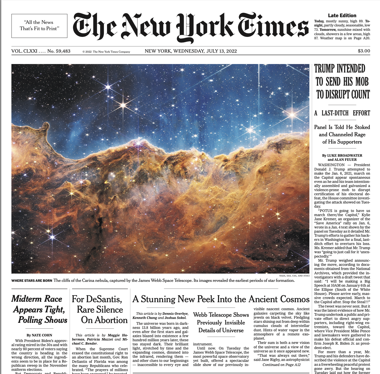 Front page of the New York Times newspaper depicting the Carina Nebula